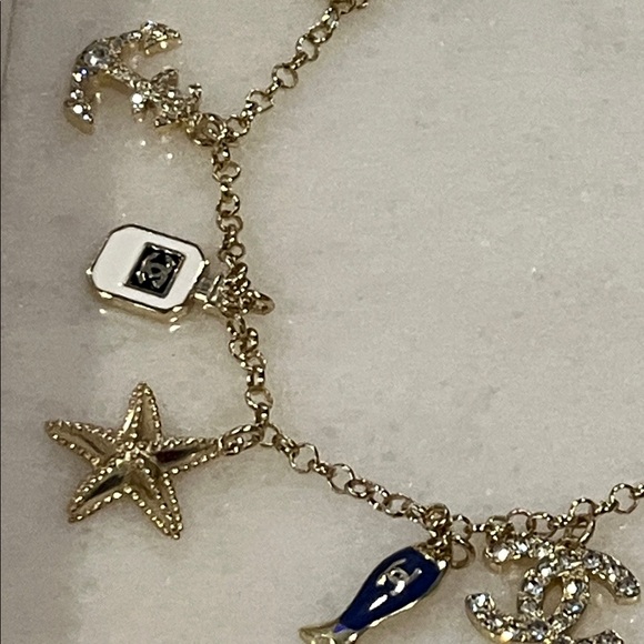 CHANEL Gold and Blue Charm Necklace APROX 16in NWOT/GWP - Picture 2 of 5